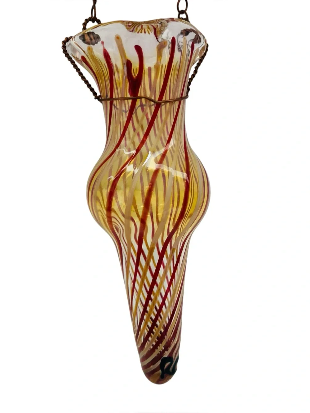 Vintage Robert Coleman Signed RC Handblown Spiral Glass Hanging Chain Bud Vase